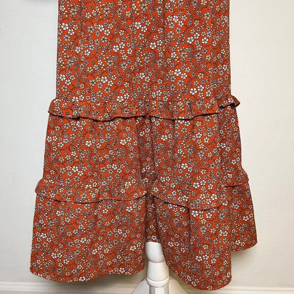 Floral Midi Dress Orange XS Tiered Ruffle Peasant Cottage Boho Cowgirl Prairie - Picture 10 of 11